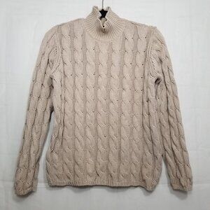 LL Bean women's cable knit mock neck sweater tan M